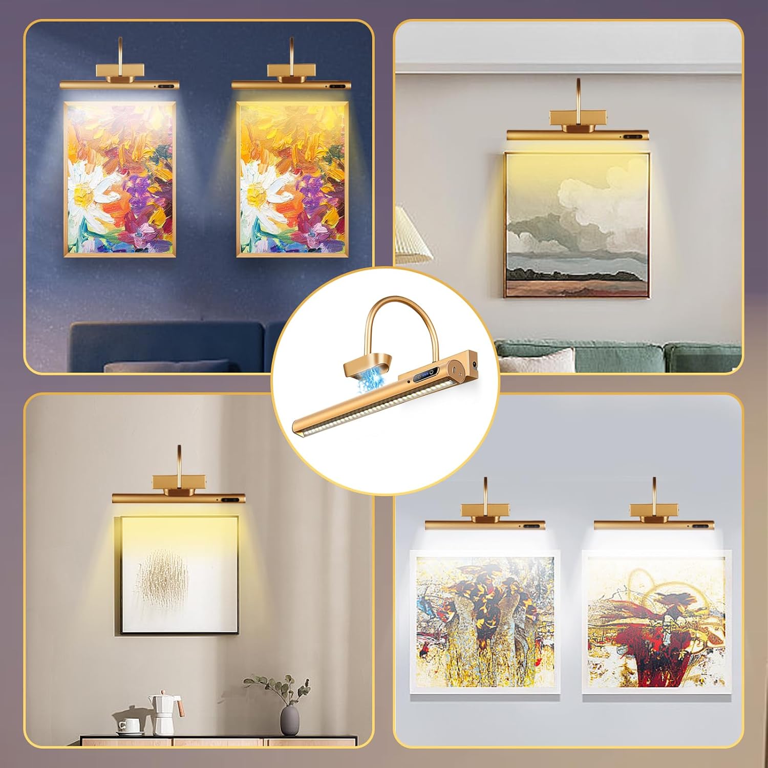 Dimmable Cordless Picture Light with Controller and Timer, Rechargeable 5000mAh Battery Wall Sconce for Wall Pictures, Gallery Artwork, Paintings, Portraits, Dartboards (Gold) - Image 4