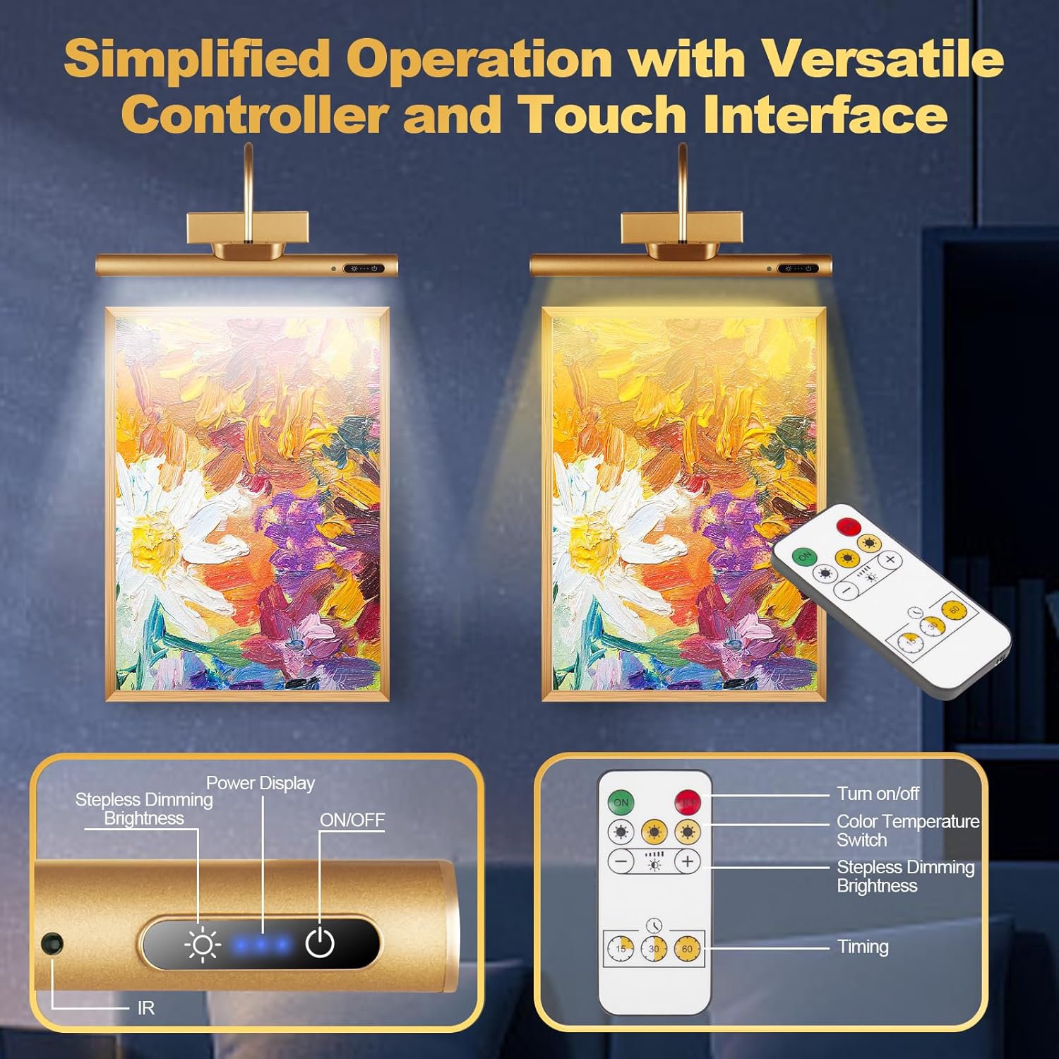 Dimmable Cordless Picture Light with Controller and Timer, Rechargeable 5000mAh Battery Wall Sconce for Wall Pictures, Gallery Artwork, Paintings, Portraits, Dartboards (Gold) - Image 5