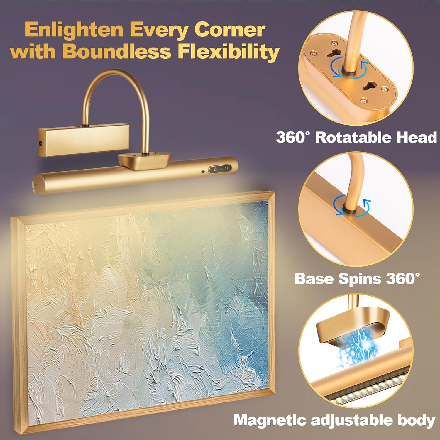 Dimmable Cordless Picture Light with Controller and Timer, Rechargeable 5000mAh Battery Wall Sconce for Wall Pictures, Gallery Artwork, Paintings, Portraits, Dartboards (Gold) - Image 7