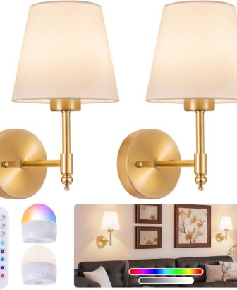 Battery Operated Wall Sconce Set of 2, Rechargeable Wireless Wall Lights | with fabric Lampshade, 5200mAh Dimmable Bulb with Remote,15 Colors Wireless Wall Lamps for Bedroom Living Room Hallway Decor