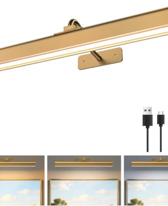 Picture Light for Wall, 5000mAh Rechargeable Cordless Wall Light,15.8'' Dimmable 3 Color Temperatures Magnetic Poster Light with Controller and Timer for Gallery, Living Room, Hallway（Gold）