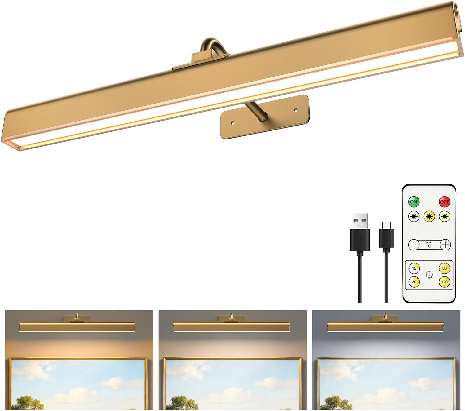 Picture Light for Wall, 5000mAh Rechargeable Cordless Wall Light,15.8'' Dimmable 3 Color Temperatures Magnetic Poster Light with Controller and Timer for Gallery, Living Room, Hallway(Gold)