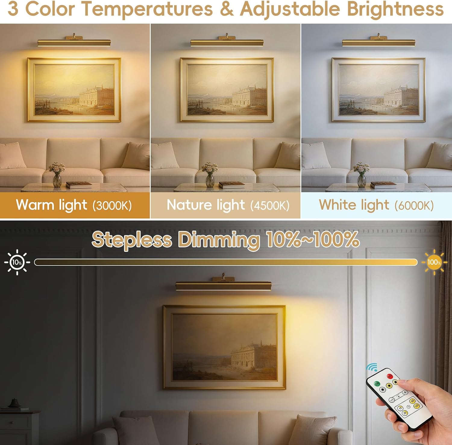 Picture Light for Wall, 5000mAh Rechargeable Cordless Wall Light,15.8'' Dimmable 3 Color Temperatures Magnetic Poster Light with Controller and Timer for Gallery, Living Room, Hallway(Gold) - Image 2