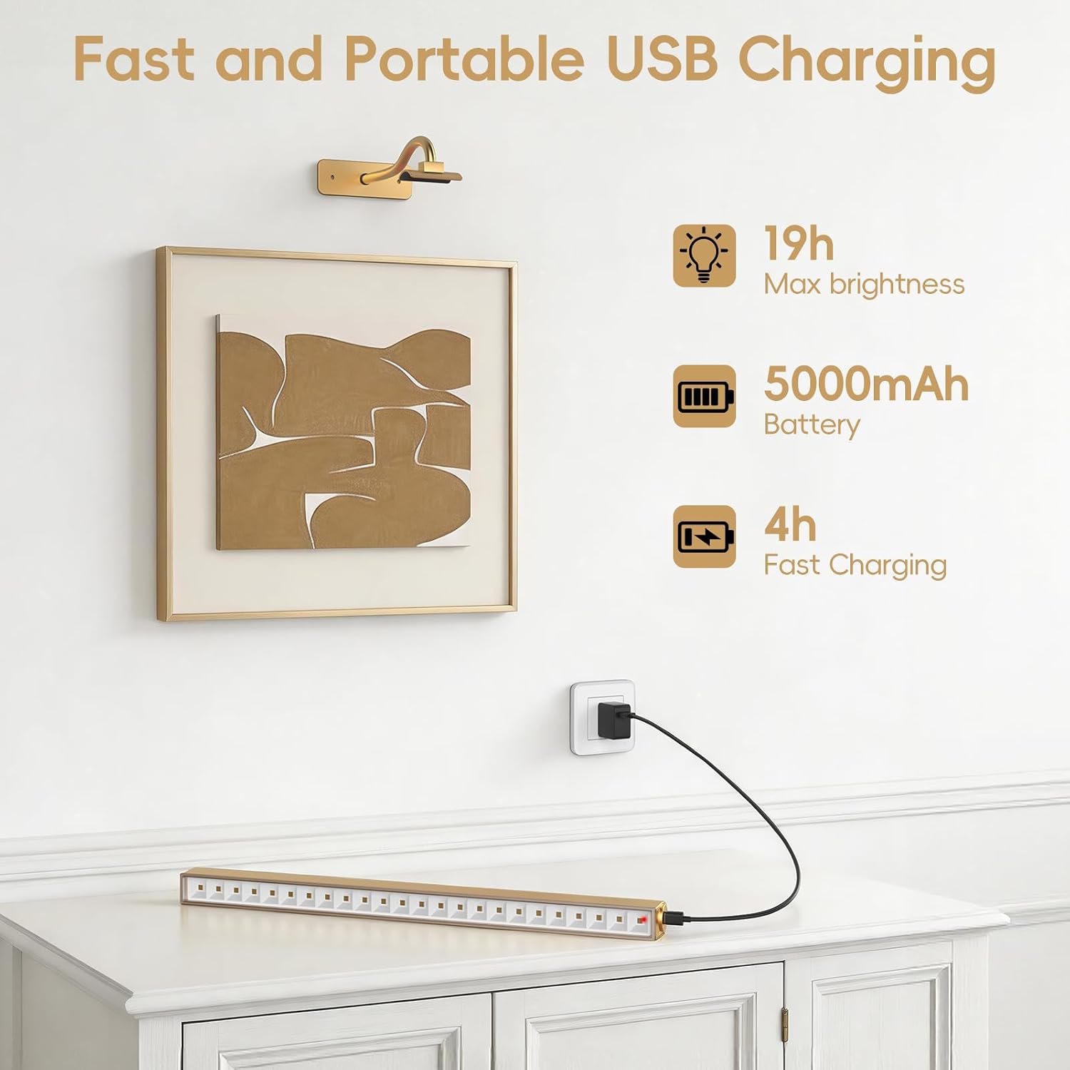 Picture Light for Wall, 5000mAh Rechargeable Cordless Wall Light,15.8'' Dimmable 3 Color Temperatures Magnetic Poster Light with Controller and Timer for Gallery, Living Room, Hallway(Gold) - Image 3