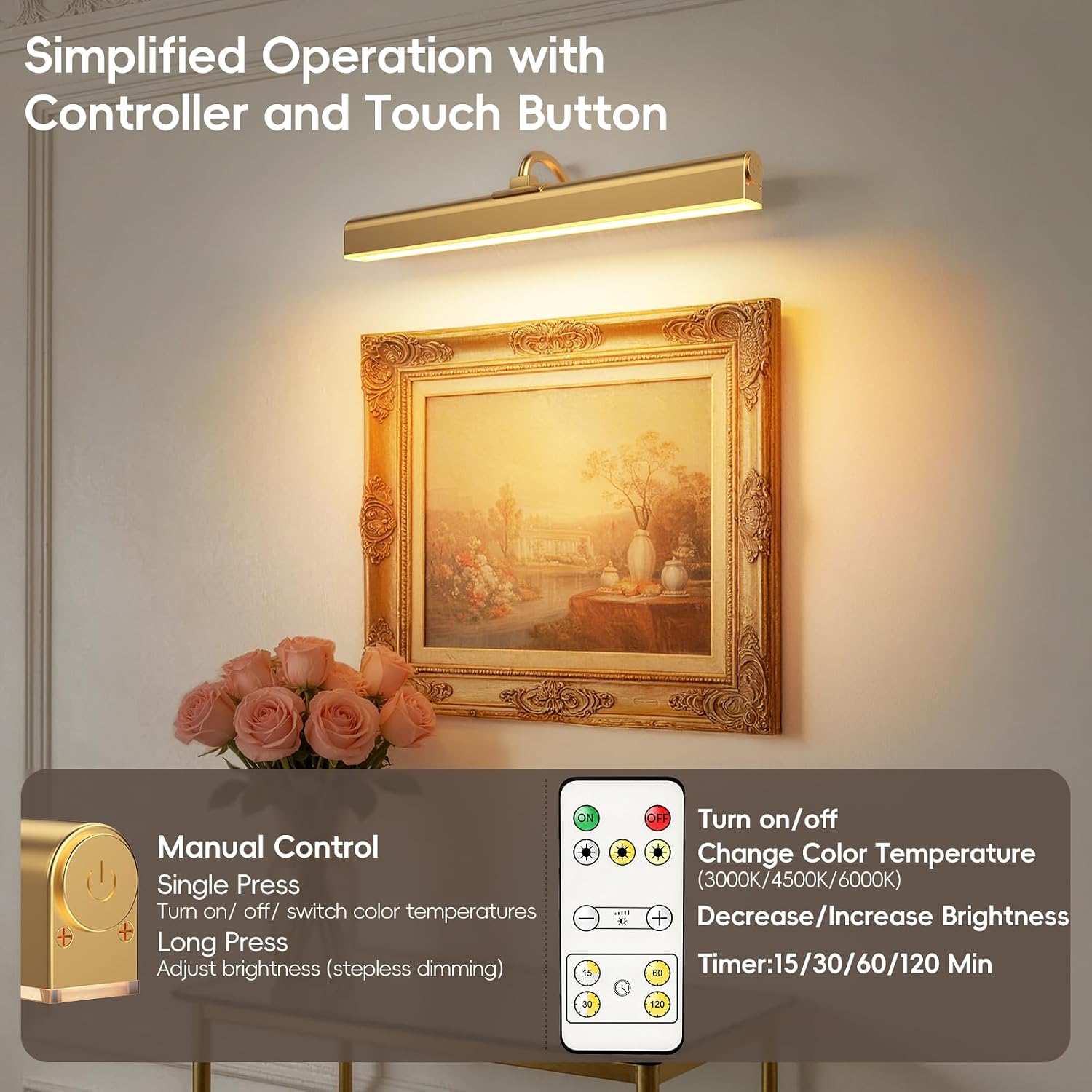 Picture Light for Wall, 5000mAh Rechargeable Cordless Wall Light,15.8'' Dimmable 3 Color Temperatures Magnetic Poster Light with Controller and Timer for Gallery, Living Room, Hallway(Gold) - Image 5