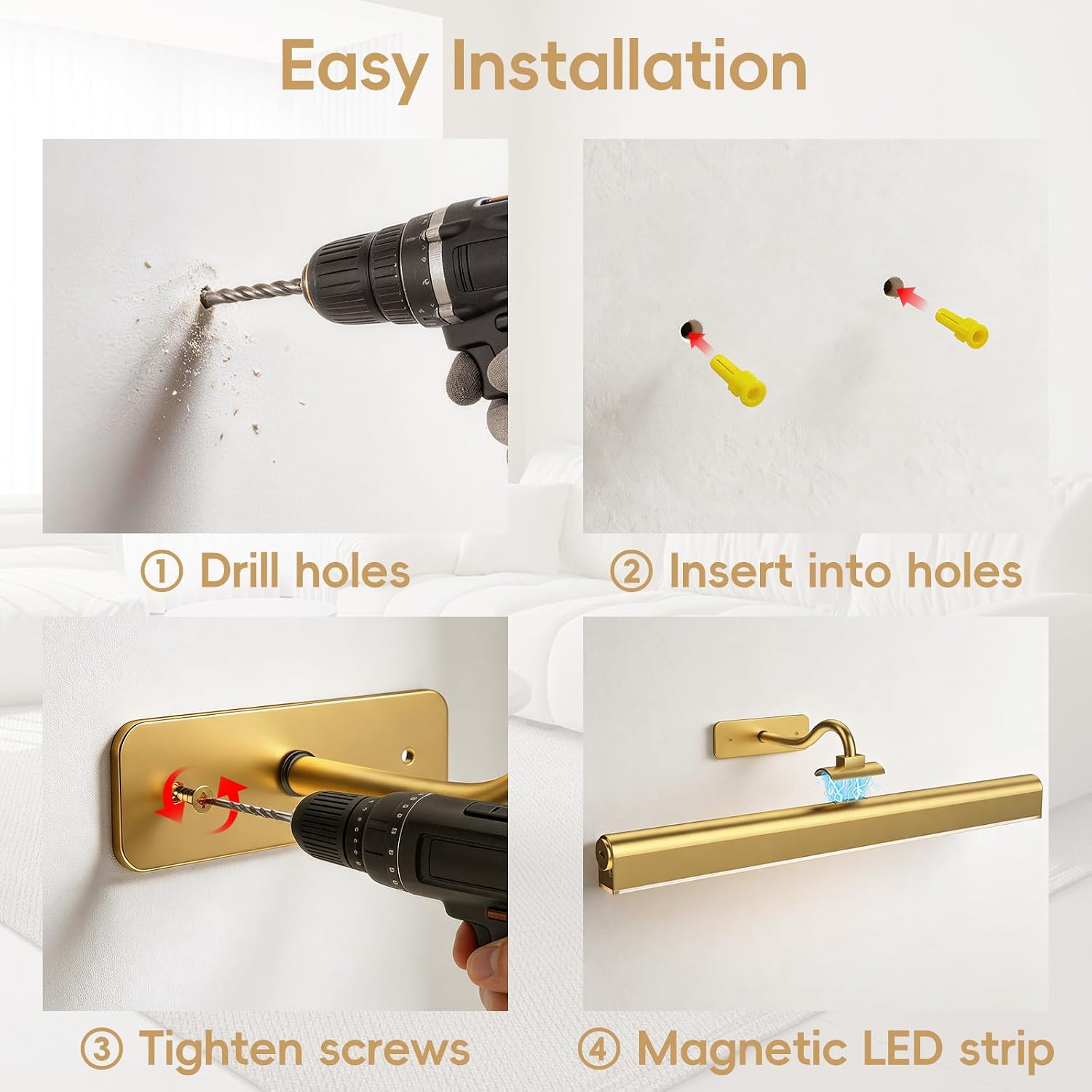 Picture Light for Wall, 5000mAh Rechargeable Cordless Wall Light,15.8'' Dimmable 3 Color Temperatures Magnetic Poster Light with Controller and Timer for Gallery, Living Room, Hallway(Gold) - Image 7