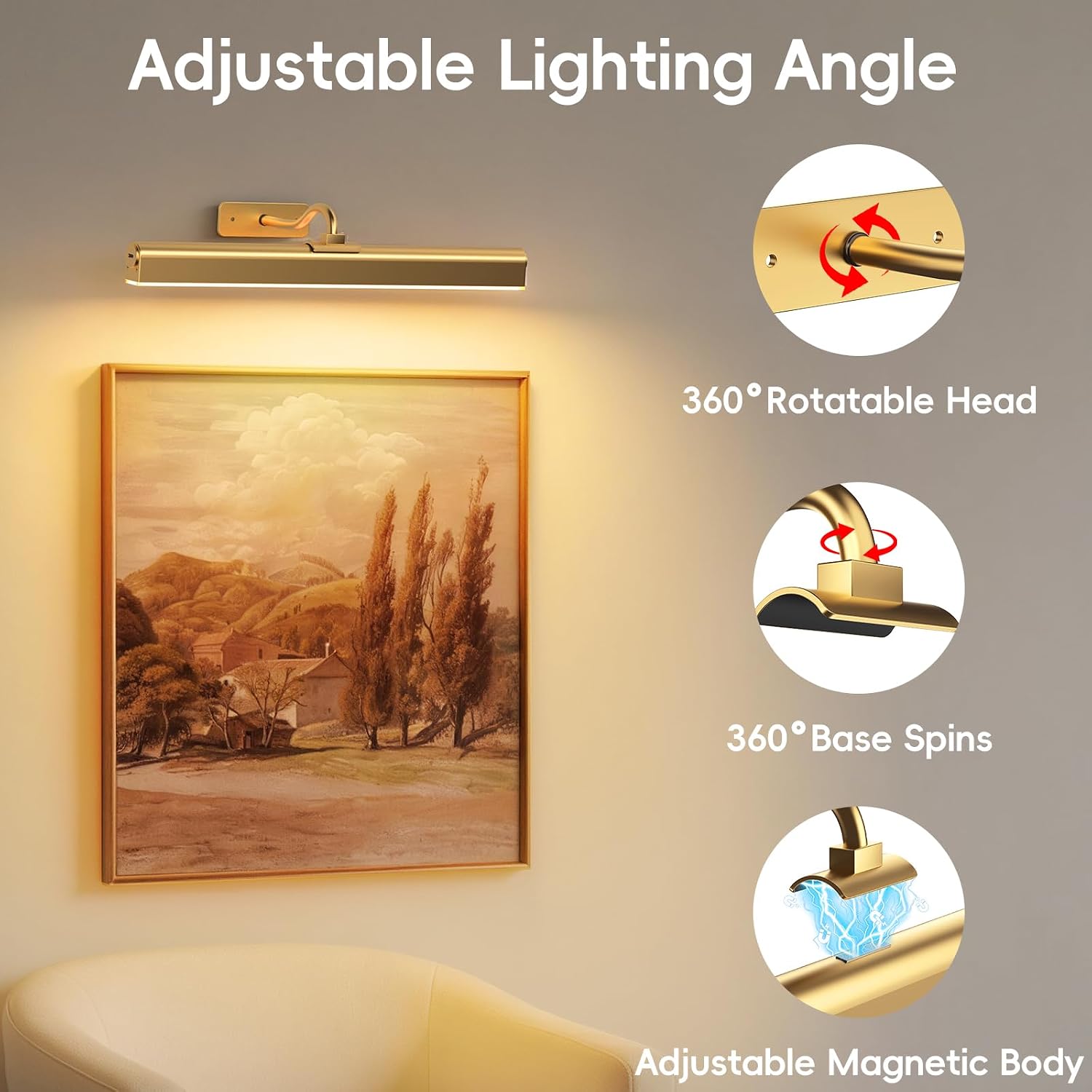 Picture Light for Wall, 5000mAh Rechargeable Cordless Wall Light,15.8'' Dimmable 3 Color Temperatures Magnetic Poster Light with Controller and Timer for Gallery, Living Room, Hallway(Gold) - Image 8