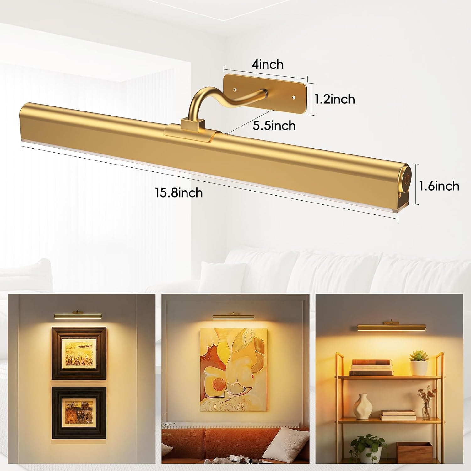 Picture Light for Wall, 5000mAh Rechargeable Cordless Wall Light,15.8'' Dimmable 3 Color Temperatures Magnetic Poster Light with Controller and Timer for Gallery, Living Room, Hallway(Gold) - Image 9