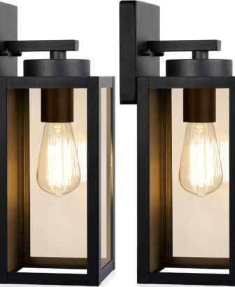 Outdoor Wall Light Fixtures, Modern Black Exterior Wall Lanterns | Waterproof Metal Construction, Rust-resistant, Quick & Easy Installation, Clear Glass Shades & Standard E26 Socket