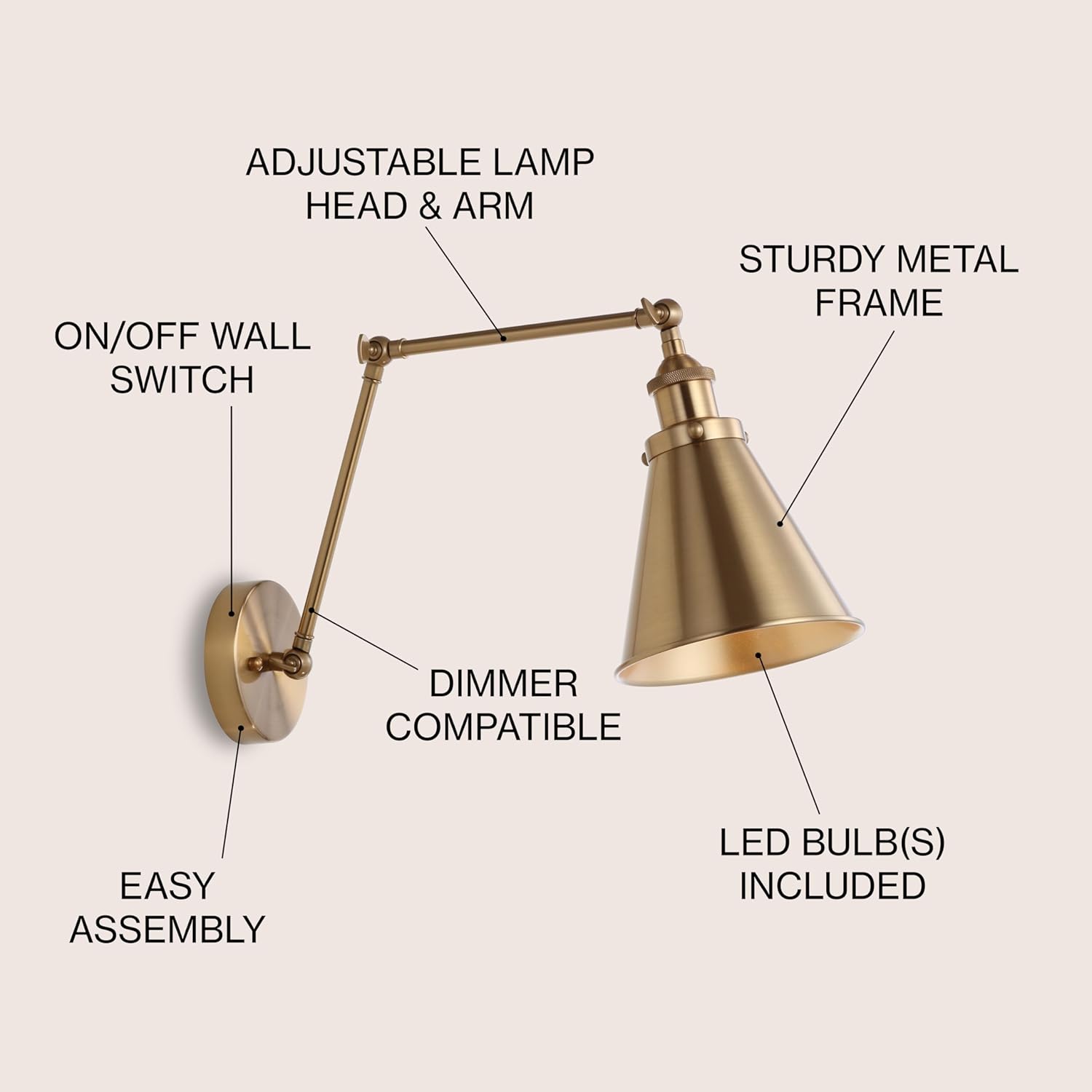 JONATHAN Y Rover 1-Light Wall Sconce 7", Brass Gold | Adjustable Arm, Hardwired Bedside Reading Swing Arm, Farmhouse Cone Shade, Metal Hardwired Indoor Fixture, LED Bulbs Included - Image 2