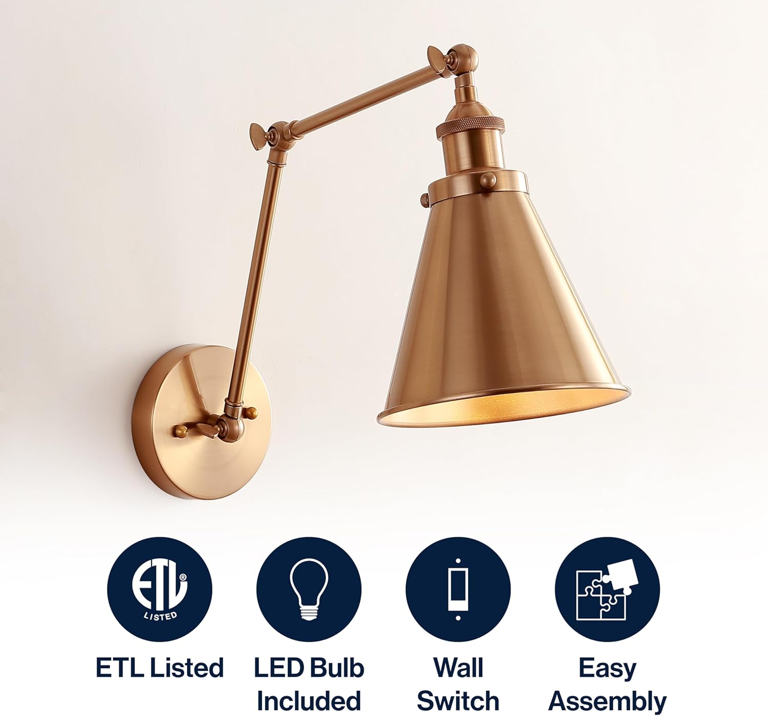 JONATHAN Y Rover 1-Light Wall Sconce 7", Brass Gold | Adjustable Arm, Hardwired Bedside Reading Swing Arm, Farmhouse Cone Shade, Metal Hardwired Indoor Fixture, LED Bulbs Included - Image 3