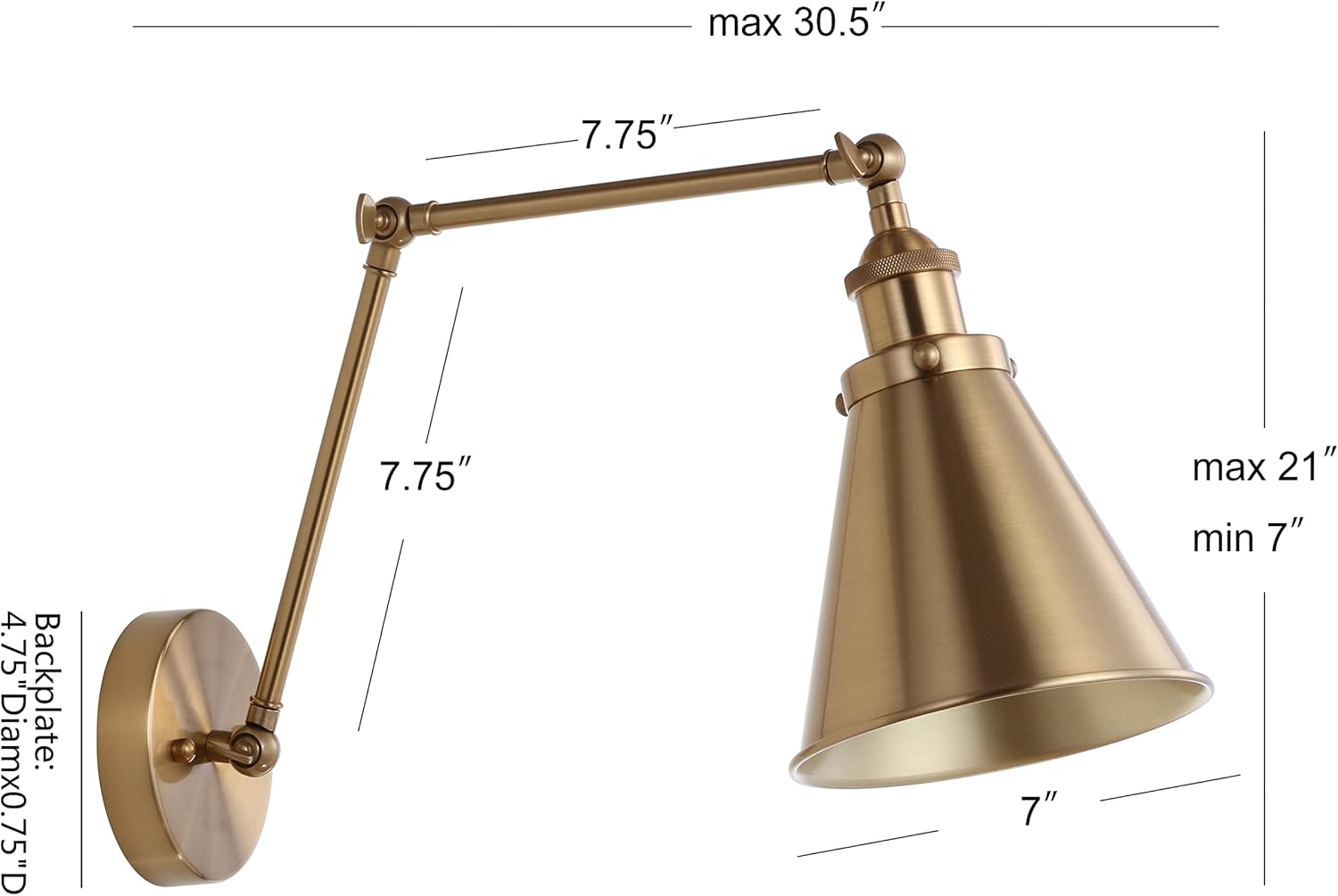 JONATHAN Y Rover 1-Light Wall Sconce 7", Brass Gold | Adjustable Arm, Hardwired Bedside Reading Swing Arm, Farmhouse Cone Shade, Metal Hardwired Indoor Fixture, LED Bulbs Included - Image 4