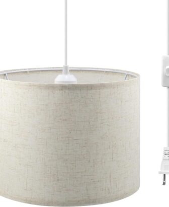 KUAUGST Plug in Pendant Light, 15 FT Hanging Lamp with Plug in Cord, On/Off Switch, Pendant Lighting with Fabric Shade, Hanging Light Fixture for Living Room, Bedroom, Dining Room, Kitchen (Beige)