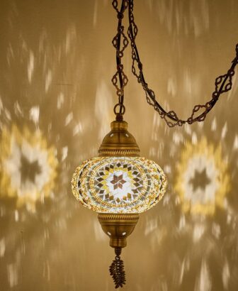 DEMMEX Plug-in Turkish Moroccan Mosaic Hanging Pendant Ceiling Light – Swag Lamp Fixture with 15ft Cord & Chain, Handcrafted Glass, Tiffany Style, Mediterranean Decor (Amber Brown)