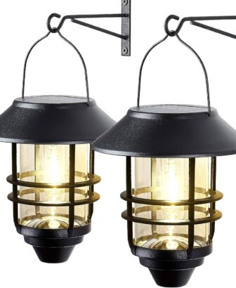 2 Pack Solar Lanterns Outdoor, Hanging Solar Lights for Outside Glass Metal with Wall Mount Bracket,Waterproof Auto Dusk to Dawn Garden Lantern for Fence Porch Decor- Warm White