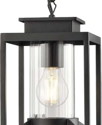 Outdoor Pendant Light for Porch, 1-Light Black Hanging Porch Light Modern Exterior Hanging Lantern with Cylinder Glass and Adjustable Chain for Gazebo, 2353/1H